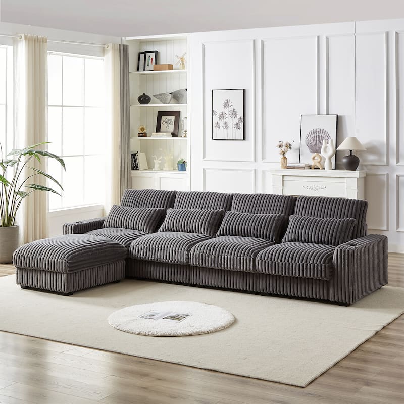 Super Large 126-Inch Corduroy L-Shaped Sofa with Cup Holders, USB Port, Movable Footrest, and 8 Cushions.