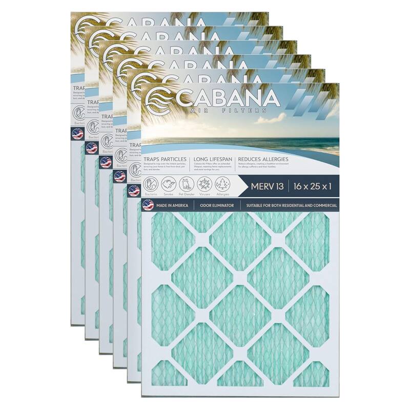 Cabana Air Filters 6 Pack HVAC Furnace Air Filters, MERV 13, 16 x 25 x 1, White - 0.78