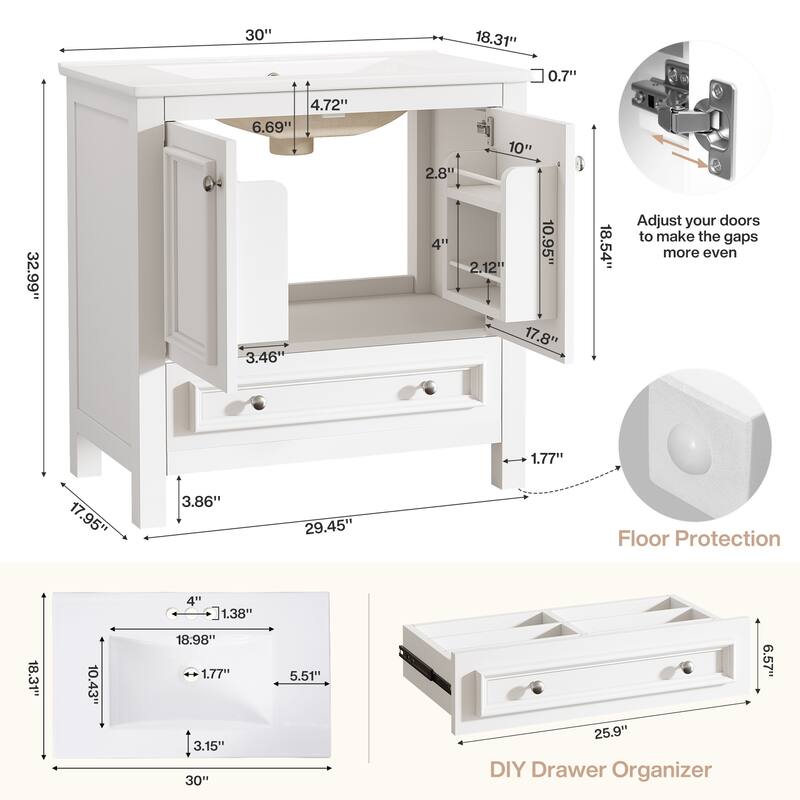 Bathroom Vanity with Sink, Solid Wood Frame Freestanding Vanity with Door Organizer and Drawer