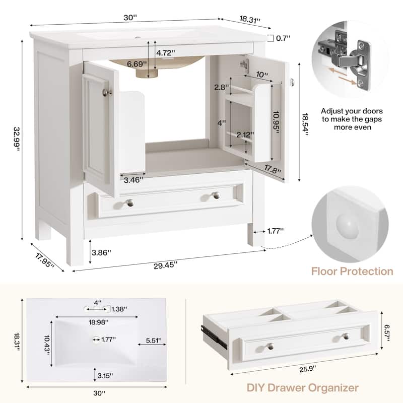 Modern Bathroom Vanity with Sink, Vanity Cabinet with Drawer and Door Organizer