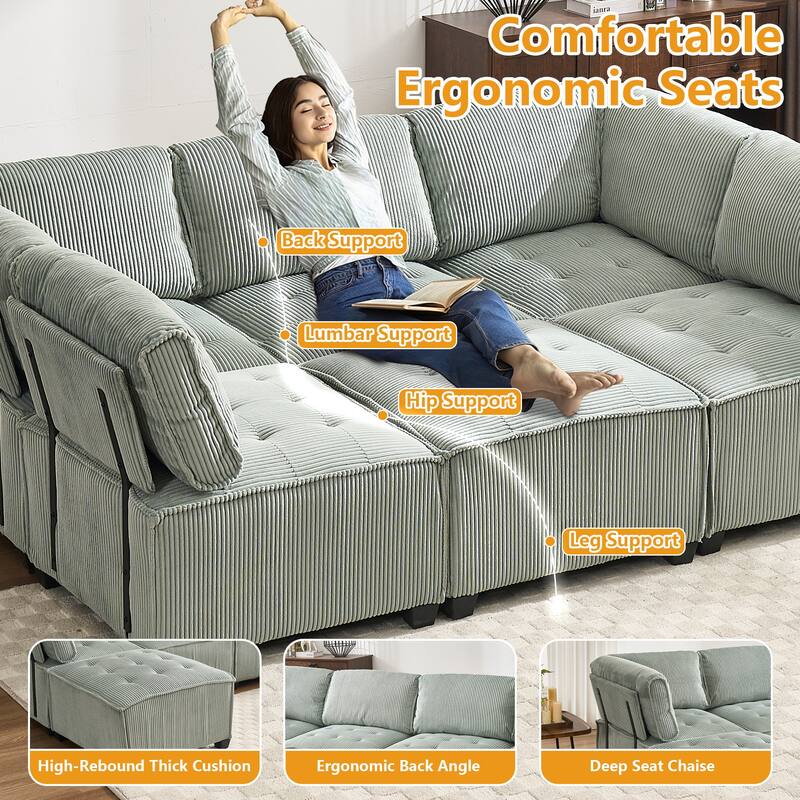 Ergonomic Lounge Modular Couch Corduroy Sectional Sofa with Deep Seat Ottoman Chaise and High-Rebound Thick Cushions