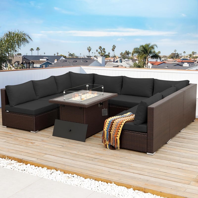 FINCATI Outdoor Wicker Patio Furniture Conversation Sectional Sofa Set - 9 PCS-C - Dark Grey