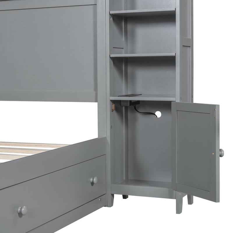 All-in-One Cabinet & Shelf Queen Platform Bed, Wood Slat Support Bed Frame, Storage Headboard w/ Shelf Cubes & 4 Cabinets, Gray