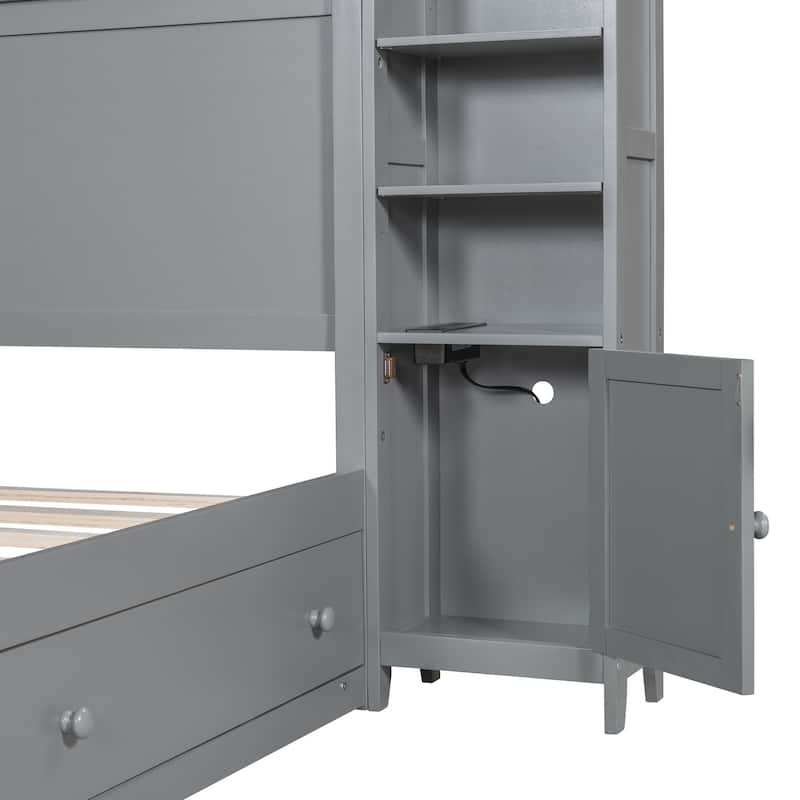 Grey Queen Bed with Storage Cabinet & USB Ports