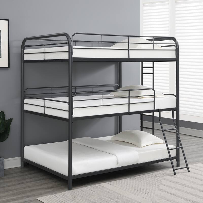 Heavy Duty Triple Bunk Bed, Full Over Full ove Full Bunk Bed w/Ladders, Metal Bunk Beds with Guardrails for Kids, Teens, Adults - Black