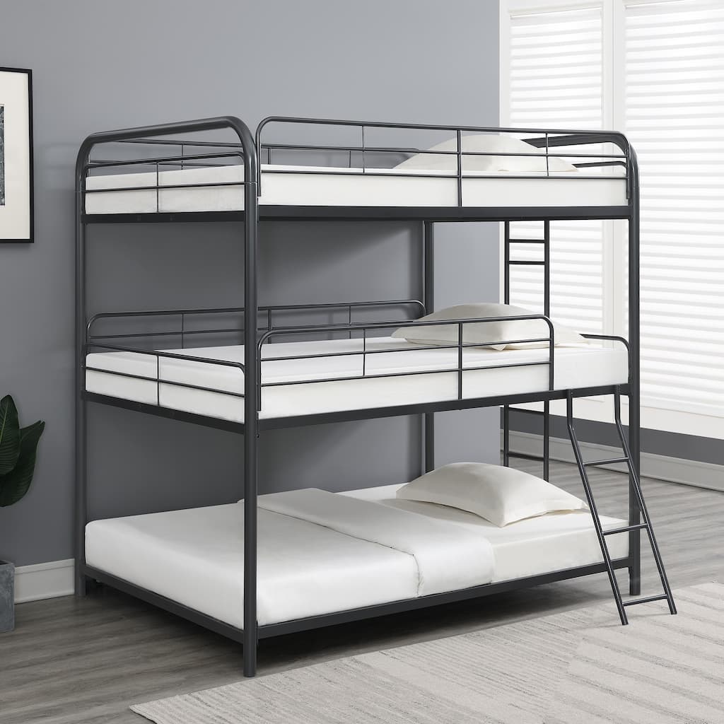 Triple Bunk Bed Full Size Black Metal Frame Space Saving Sturdy Staircase Design Easy Assembly