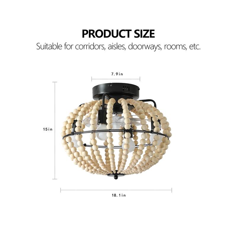 Sofucor 18" Wood Beaded Ceiling Fan with Light & Remote,Flush Mount Chandelier Fan with 6-Speed Reversible Caged Ceiling Fan