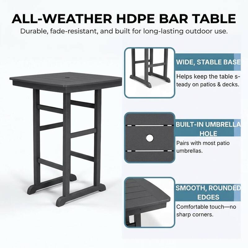HDPE Bar-Height Outdoor Patio Pub Table, 42.1" Square High Top Bistro Table with Umbrella Hole, Weather-Resistant Slatted Top