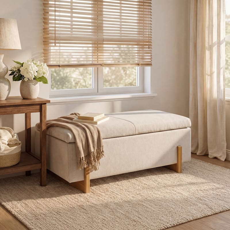 Christopher Knight Home -Luno 39.76" Modern Upholstered Hidden Storage Bench with Lift-Top Lid & Solid Wood Legs - Beige