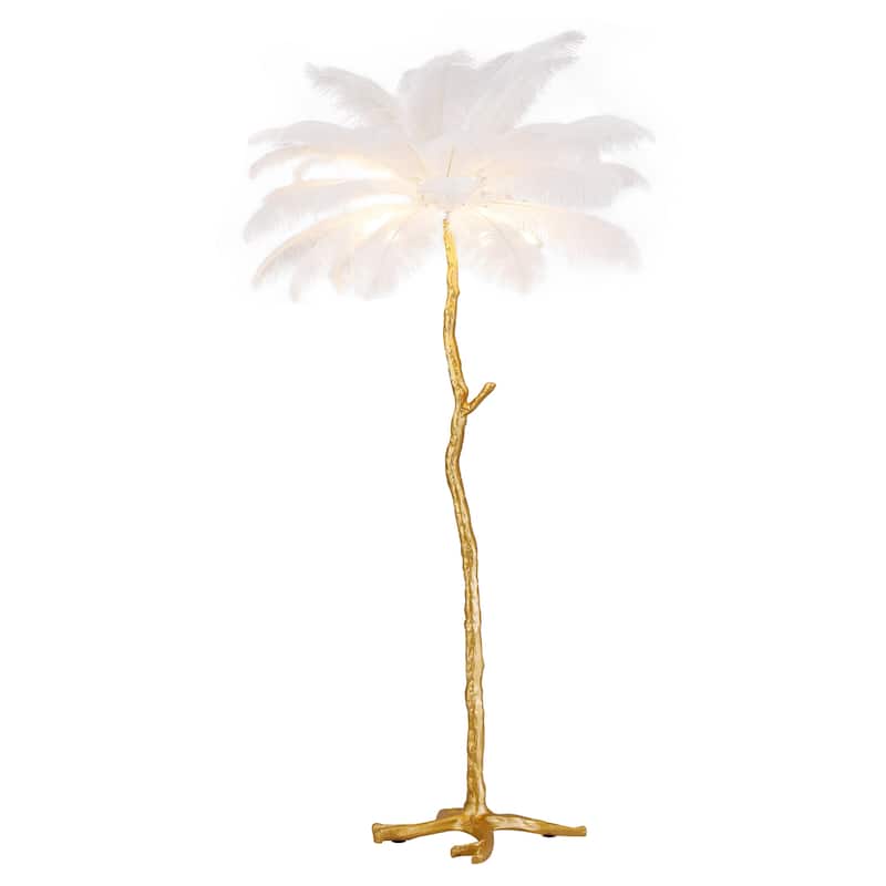 5-Light 35" Wide Novelty Golden Tree Branch LED Floor Lamp with White Ostrich Feather Shades