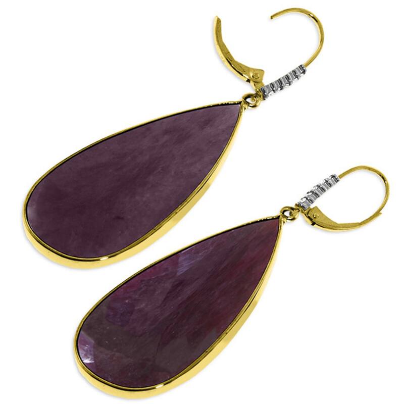 14K Solid Gold Diamonds Leverback Natural Ruby Gemstone Earrings
