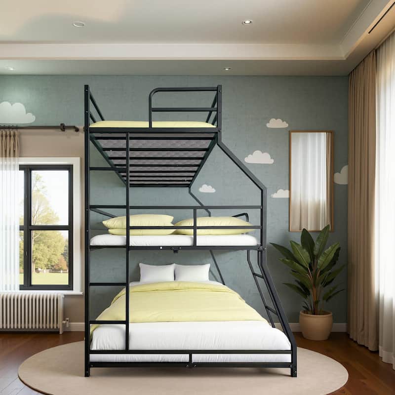 Triple Bed with Long and Short Ladder & Full-Length Guardrails , Easy Assembly ,for Kid Boy Girl ,Black