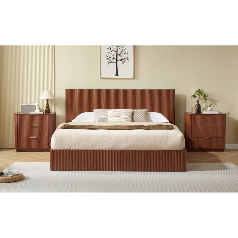 Hydraulic Lift Storage Bed Frame with Headboard/Wooden Corrugated Platform Bed Frame/No Box Spring Needed/Noise-Free Design/King