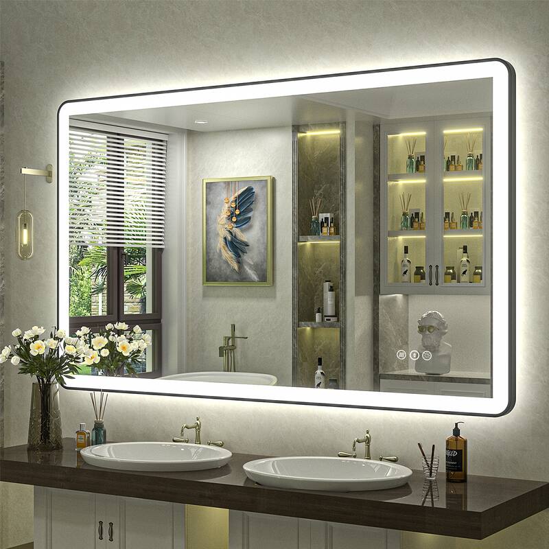 KIOTEE Rectangular Framed Front & Back LED Lighted Anti-Fog Tempered Glass Bathroom Vanity Mirror with ETL and 3-Year Warranty