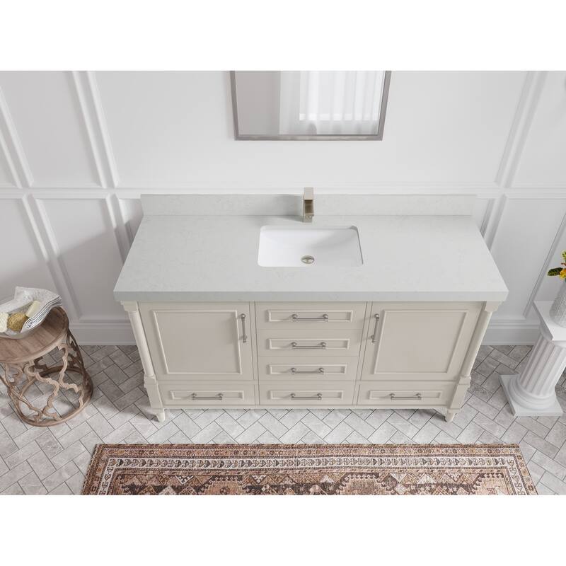 Willow Collections 60 in. W x 22 in. D Aberdeen Single Bowl Sink Bathroom Vanity with Countertop - 2" Carrara Quartz - Fine Grain