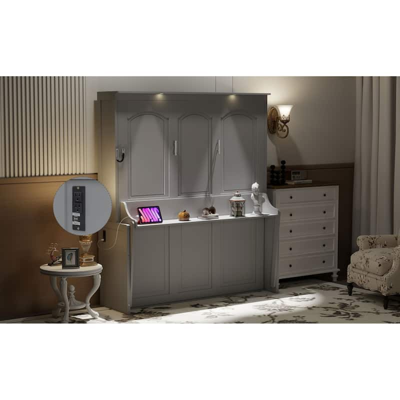 Foldable Platform Bed Frame with Desk, LED Lights and USB Charging Station Space Saving Bed, Queen Size Murphy Bed