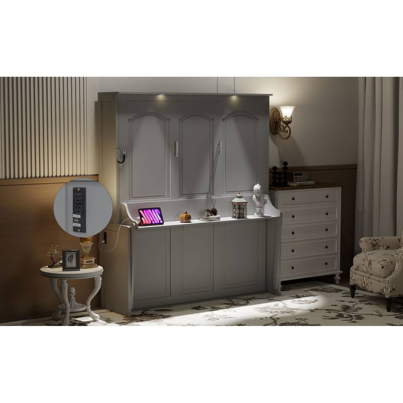 Space-Saving Queen Murphy Bed with Desk, LED Lights, and USB Charging