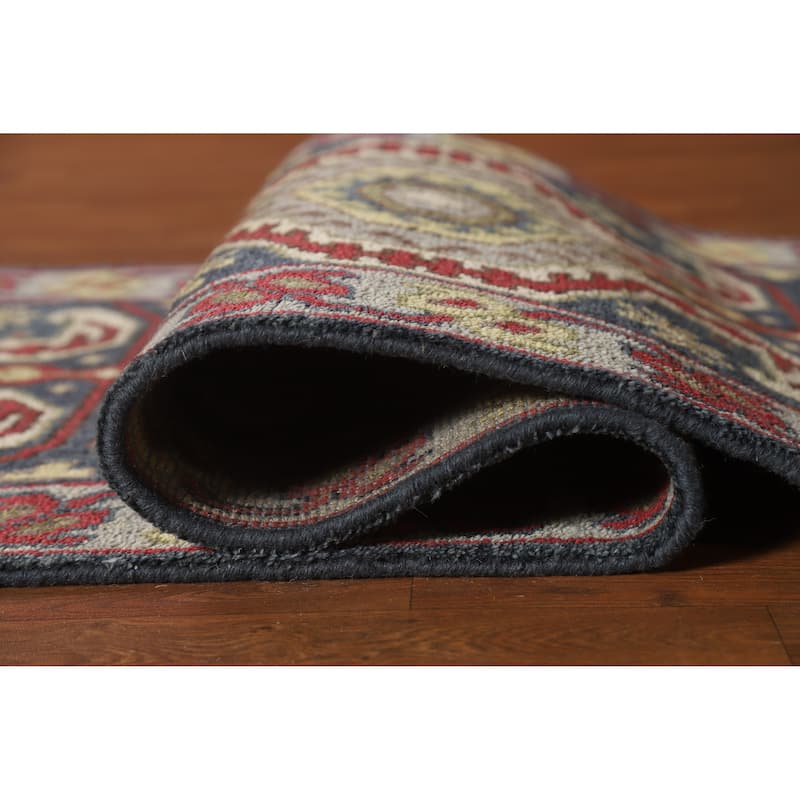 Hand Knotted Oriental 100% Wool Carpet Traditional Geometric Navy Blue & Blues Heriz (serapi) Runner Rug - 9' 10'' X 2' 6''