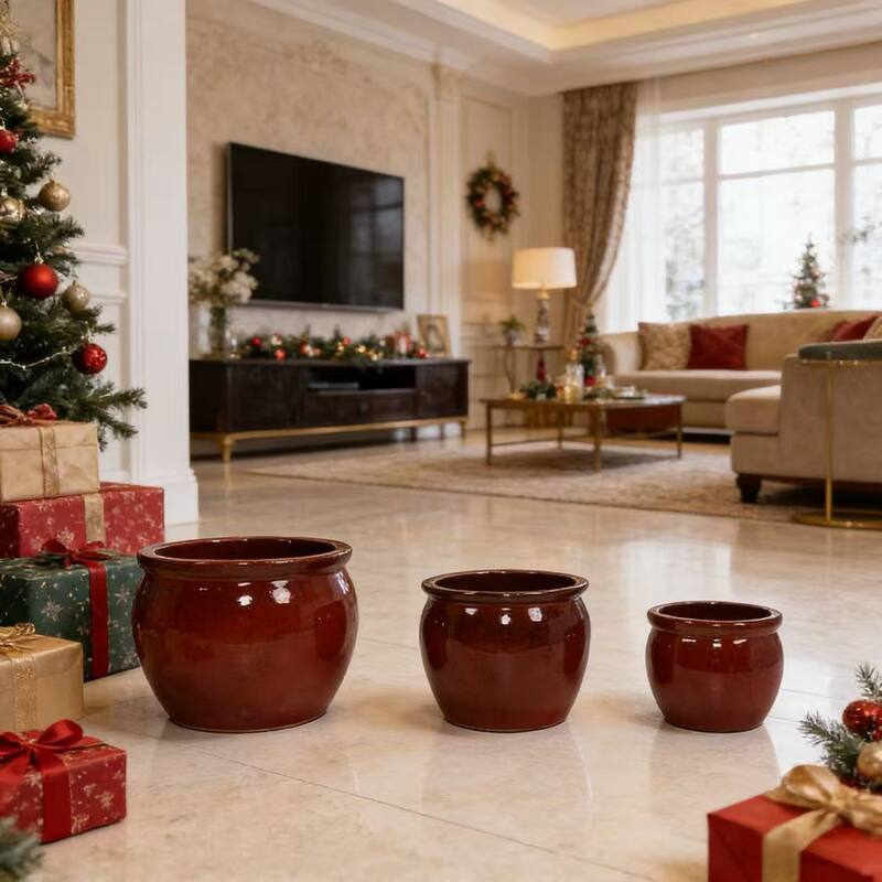 Anmytek Handmade Ceramic Plant Pots Set of 3 Rust Red