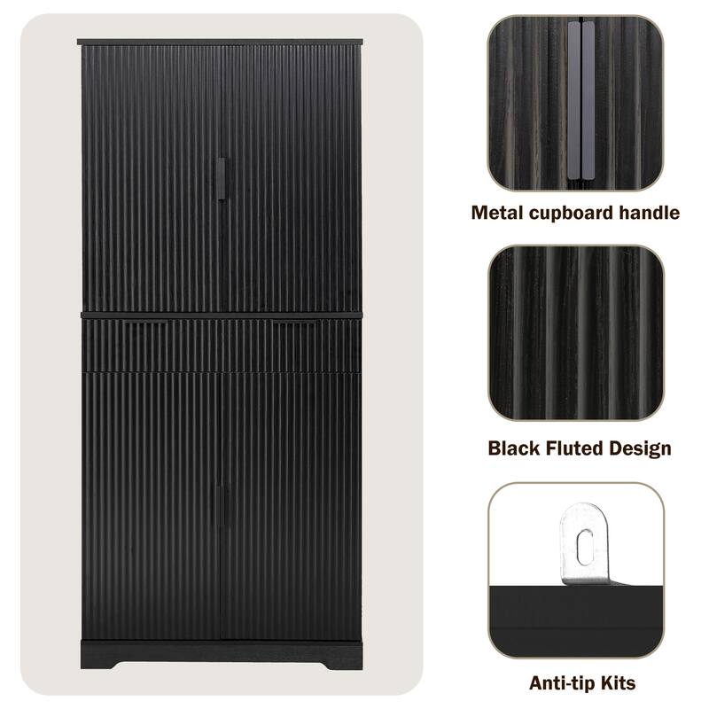 Roomfitters 72" Tall Fluted Kitchen Pantry Cabinet with 4 Pull-Out Drawers & 6 Door Spice Racks