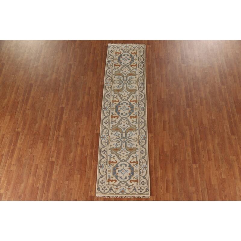 Beige Floral Oushak Runner Rug Hand-knotted Wool Carpet - 2'6"x 9'10"