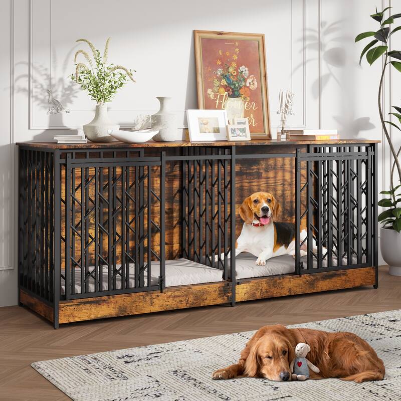 Large Double Dog Crate Furniture for Medium and Large Dogs, Rustic Industrial Dog Kennel End Table