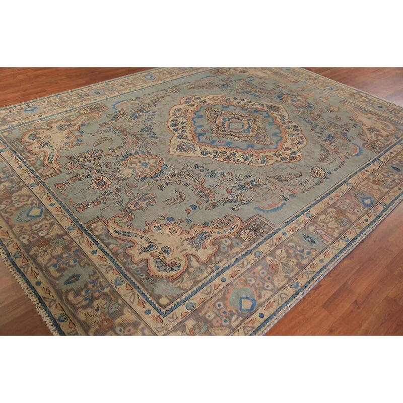 Distressed Blue Tabriz Persian Area Rug Hand-Knotted Wool Carpet - 8'1"x 11'0"