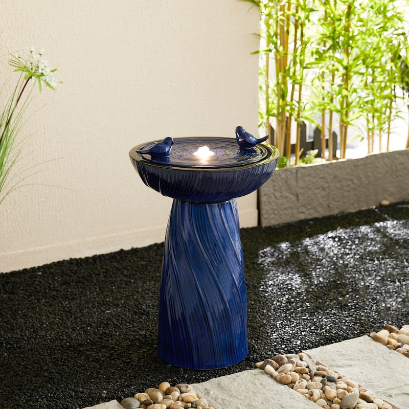 Glitzhome 27.5"H Two Birds Embossed Ceramic LED Birdbath Patio Outdoor Fountain