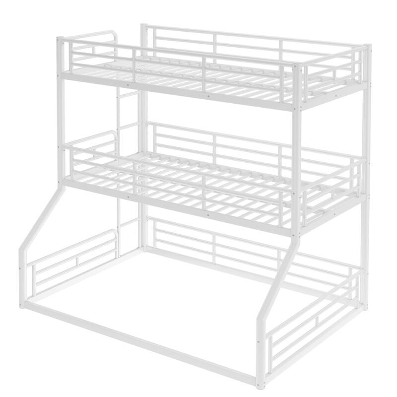 Twin over Twin over Full Bunk Bed, Metal Triple Bunk Bed with Safety Guardrails, Heavy-duty Bunk Bed with Noise-reduced Design