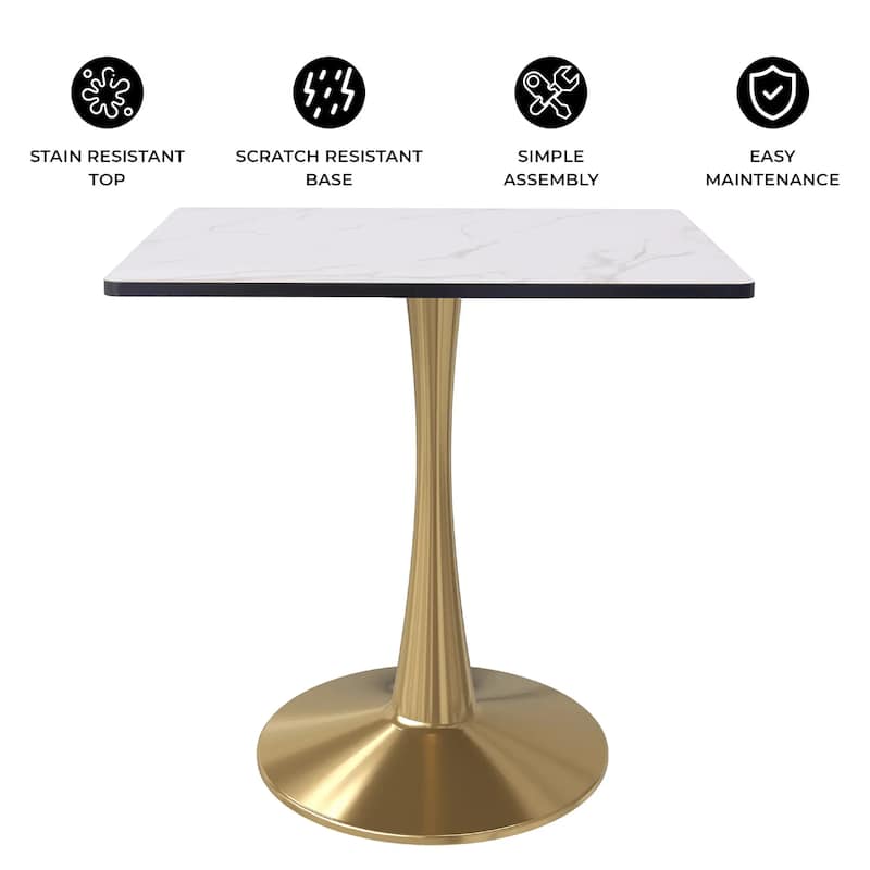 Bristol Square Marbled White MDF Wood Top and Gold Steel Pedestal Base Dining Table for Dining Rooms, Kitchens, and Restaurants