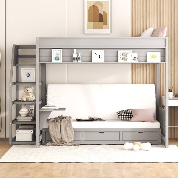 slide 2 of 15, Gray Full Futon Bunk Beds with Staircase and Bedside Table Can be Swapped Left Right, Lower Bed Convertible Daybed with Drawers Gray - Full