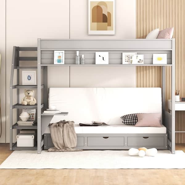 slide 2 of 9, Space-Saving Full Size Bunk Bed with Storage Staircase, Solid Wood Convertible Bunk Beds with Bedside Table and 3 Drawers, Grey Grey - Full