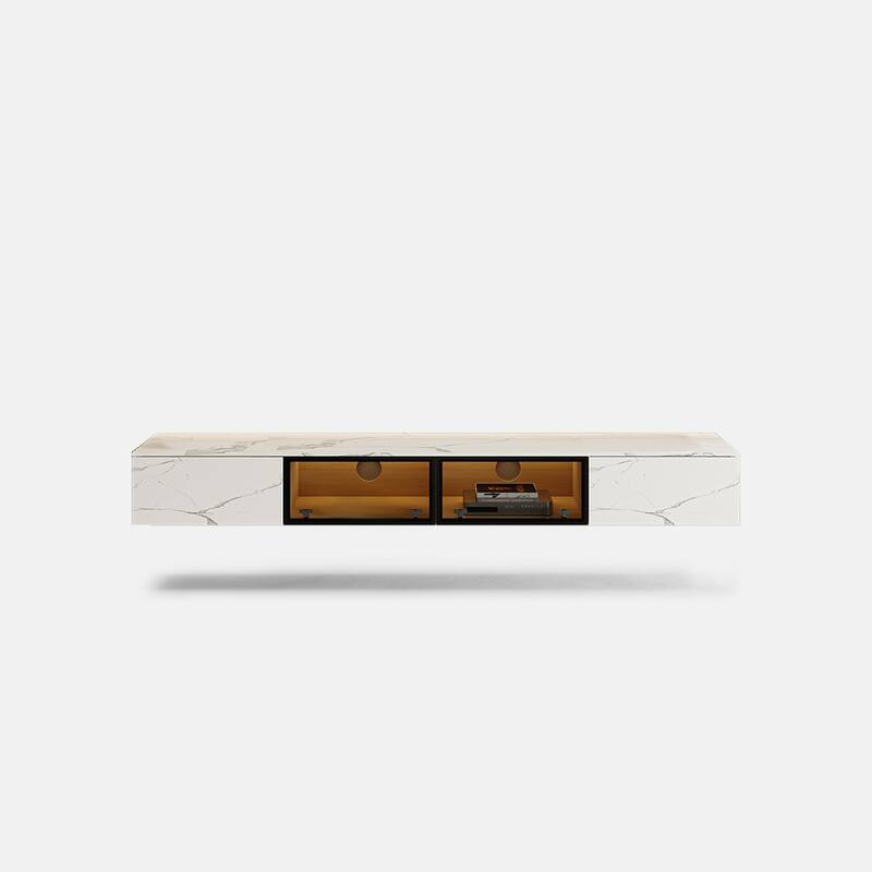 Floating Wall Hung TV Stand, Modern Hanging TV cabinet with Motion Sensor LED, 4 Flip-down Doors, White Stone