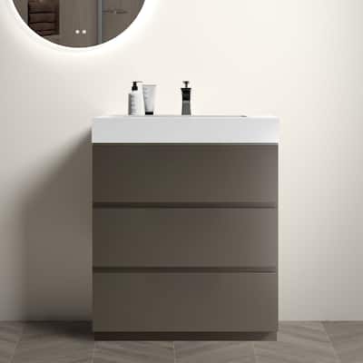 30" Grey Large Storage Freestanding Vanity for Modern Bathroom, One-Piece White Sink Basin without Drain and Faucet