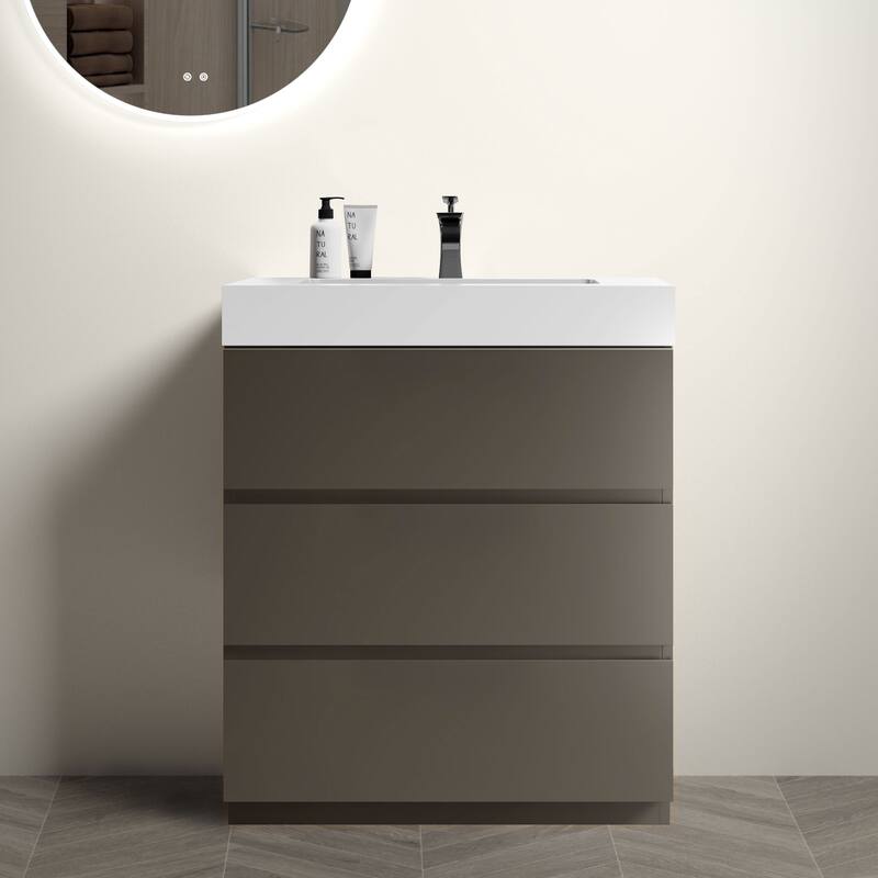 GDFStudio - Alice Walnut Freestanding Bathroom Vanity with One-Piece Matte Black Sink, Modern Handle-Free Design, Pre-Assembled - 30" - Gray