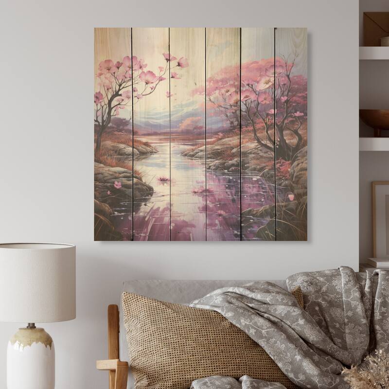 Designart "Flowers Field Flowing Serenity Brook" Flower Field Wood Wall Decor - Pink Wood Panel On Natural Pine Wood