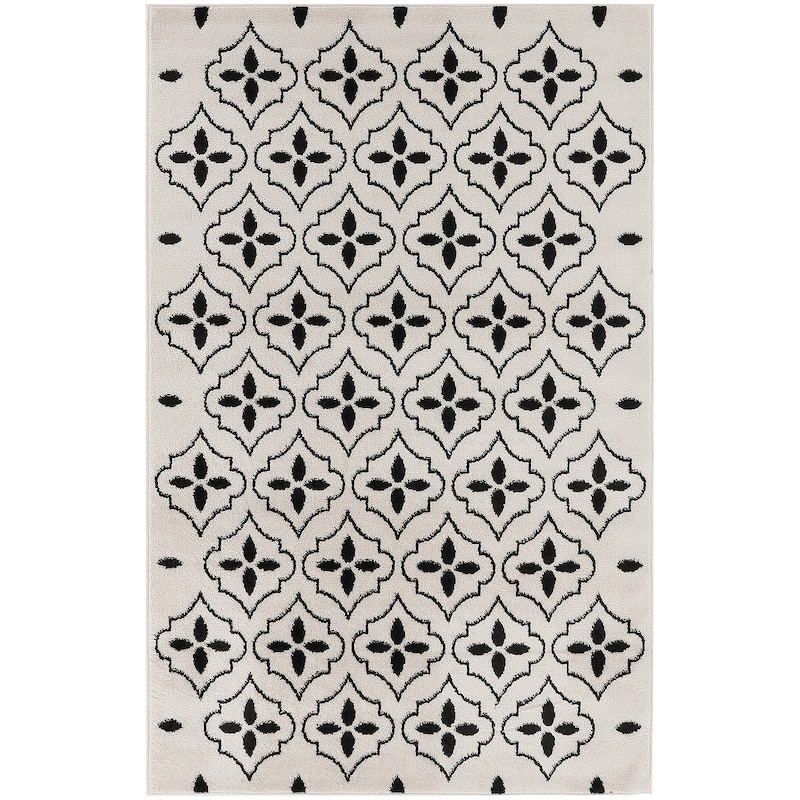 Nourison Sandy Indoor / Outdoor Blue Moroccan Area Rug - 4' x 6' - Ivory/Black