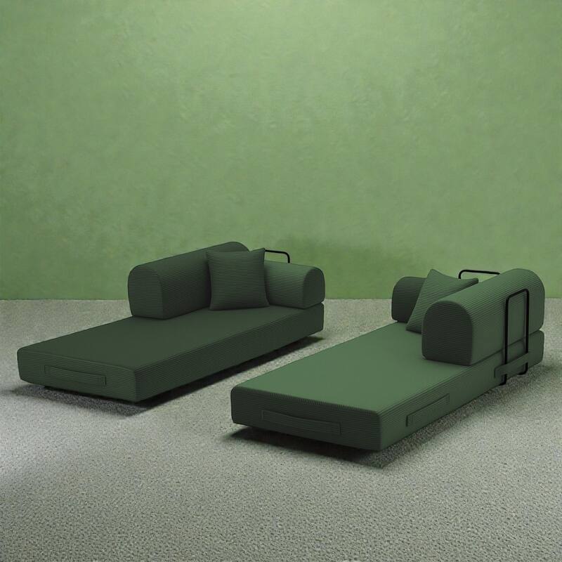 Convertible Sleeper Sofa Bed, 4-in-1 Corduroy Folding Floor Couch with Cylindrical Pillow, 2-Seat Space-Saving Lounge Sofa