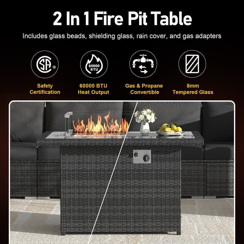 FINCATI 10-Piece Outdoor Wicker Sectional Furniture Set with Fire Pit Table for Backyard Patio - 10 PCS