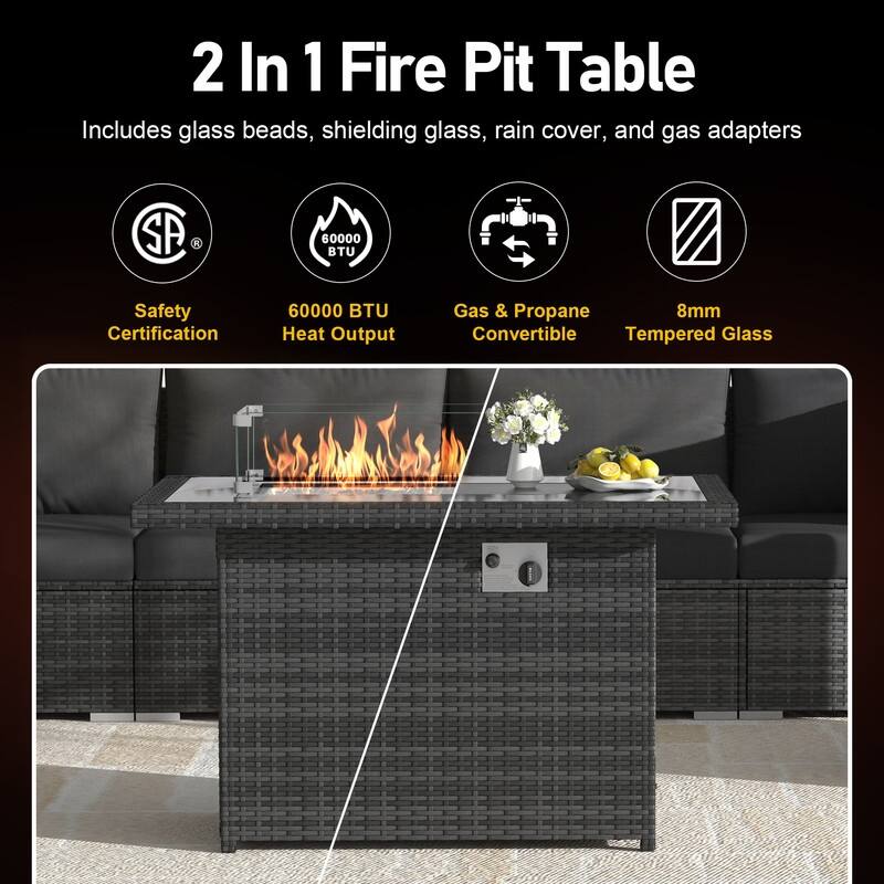 FINCATI Outdoor 7-piece High-back Wicker Patio Sectional Set with 43'' Fire Pit Table, 500 lbs Luxury Oversized Conversation Set