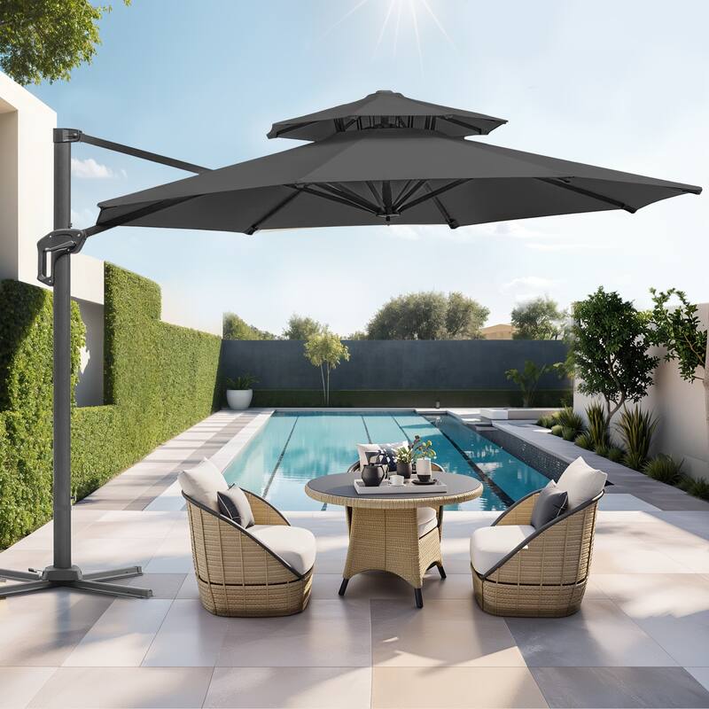 12FT Offset Patio Cantilever Umbrella with 360° Rotation - Dark Grey
