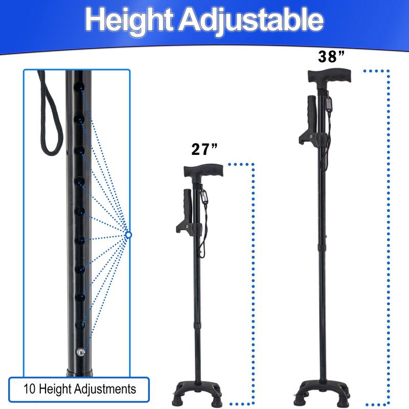 Walking Stick Cane w/ Quad Four Prong Base, Adjustable Rotatable Second Support Handle & 10 Height Adjustments