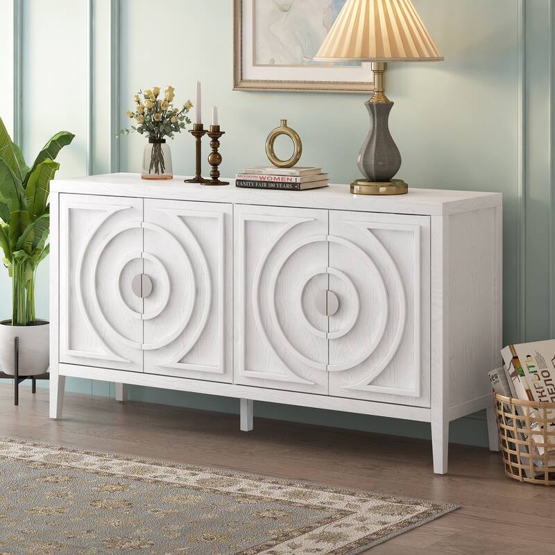 Retro Sideboard door with Circular Groove Design Round Metal Door Handle for Entrance, Dinning Room, Living Room (Gray) - White