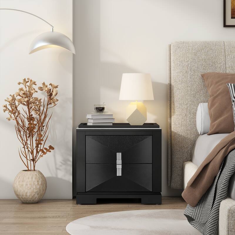 Mid-Century Modern 2-Drawer Diamond Wood End Table with Storage - Black