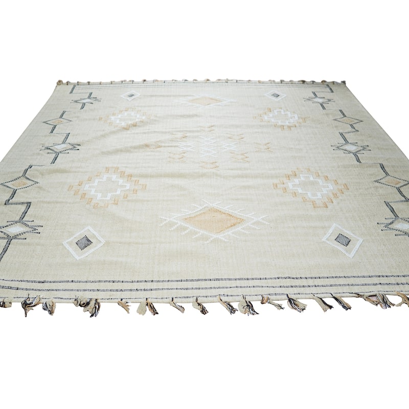 Beige Hand-Knotted Wool Flat Weave Rug, 4' x 6', plush stylish floor rug - L