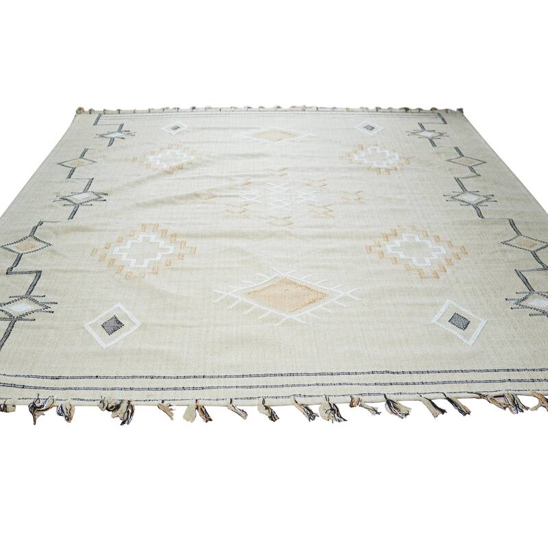 Beige Hand-Knotted Wool Flat Weave Rug, 5' x 8', soft cozy area accent - L