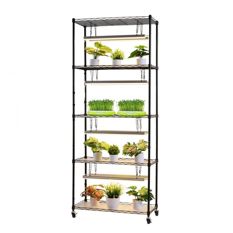 Black Metal 5-Tier Indoor Plant Stand with 8 LED Grow Lights and Timer, 71-Inch Adjustable Shelves on Wheels