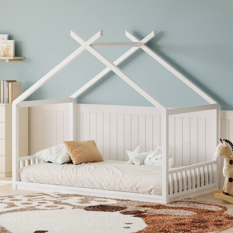 Montessori Style Wooden Floor Bed with Roof, Low Frame and Guardrails, Cozy Playhouse Look