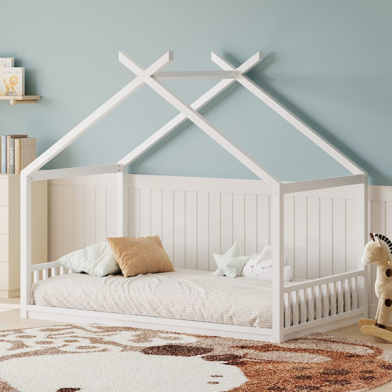 Twin Size Montessori Style House Bed for Kids,Floor Bed Frame with Headboard and Footboard,Wooden Fence Bed , Slat Not Included