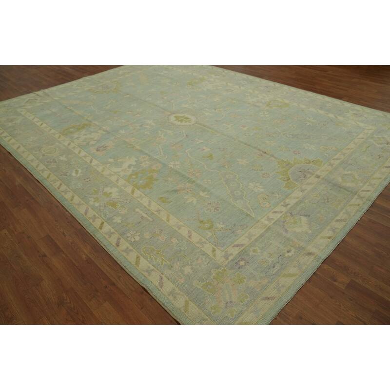 Vegetable Dye Wool Oushak Turkish Area Rug, Floral Geometric Carpet - 12' 0'' X 9' 2''